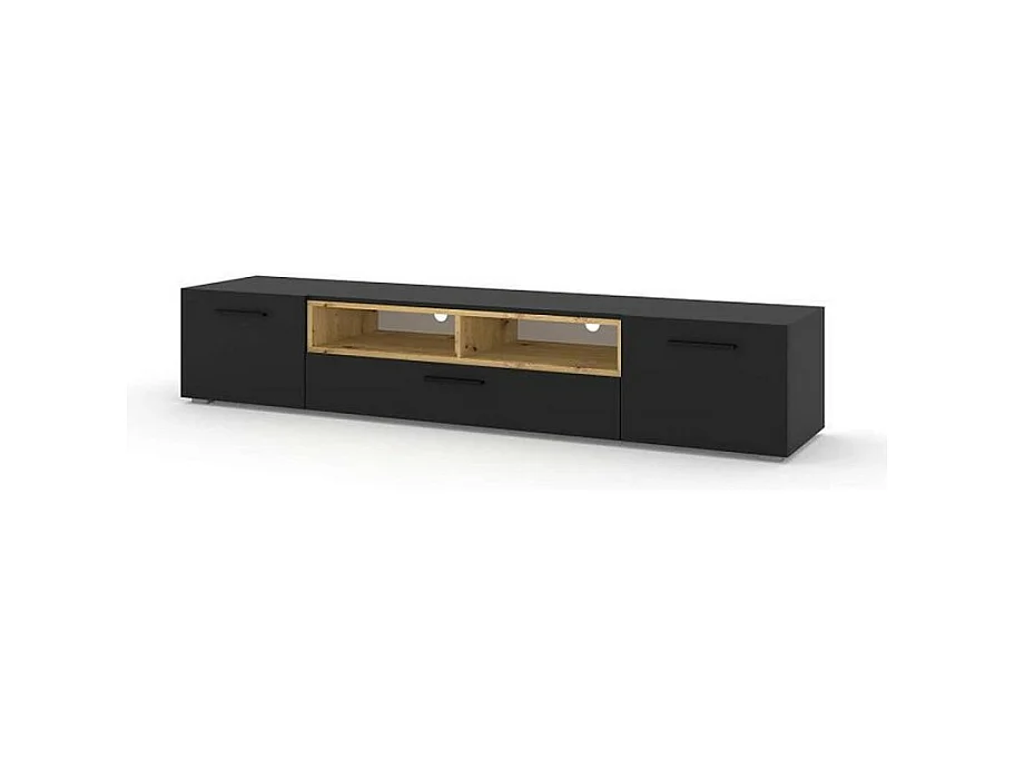 Commode Anette Meuble TV bas 198 cm Commode Meuble TV Meuble TV Hi-Fi (Noir mat + chêne artisan)