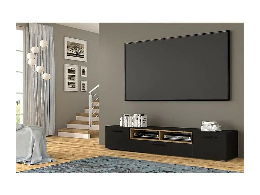 Commode Anette Meuble TV bas 198 cm Commode Meuble TV Meuble TV Hi-Fi (Noir mat + chêne artisan)