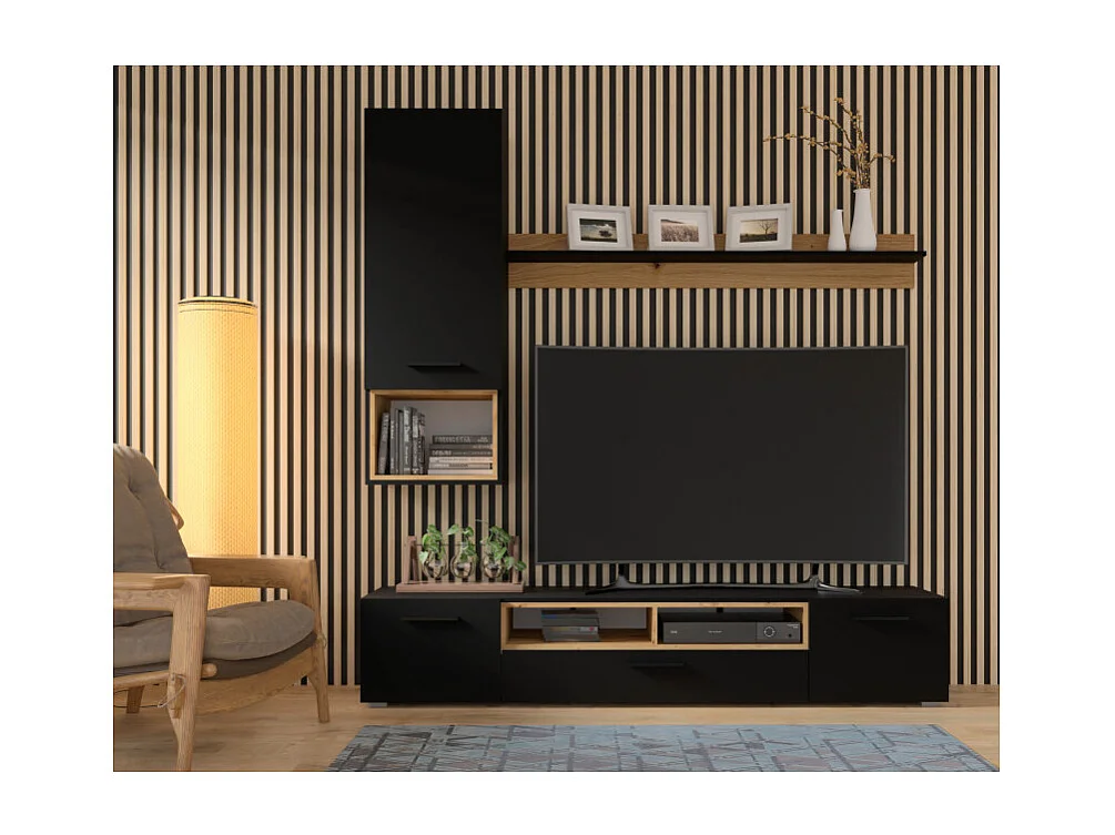 Commode Anette Meuble TV bas 198 cm Commode Meuble TV Meuble TV Hi-Fi (Noir mat + chêne artisan)