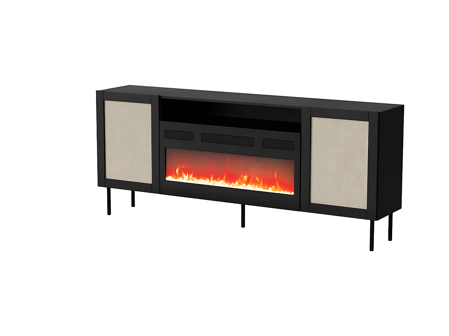 Commode de rangement Meuble universel Noir 200x85x40cm YOTA avec cheminée intégrée sur pieds 2 portes