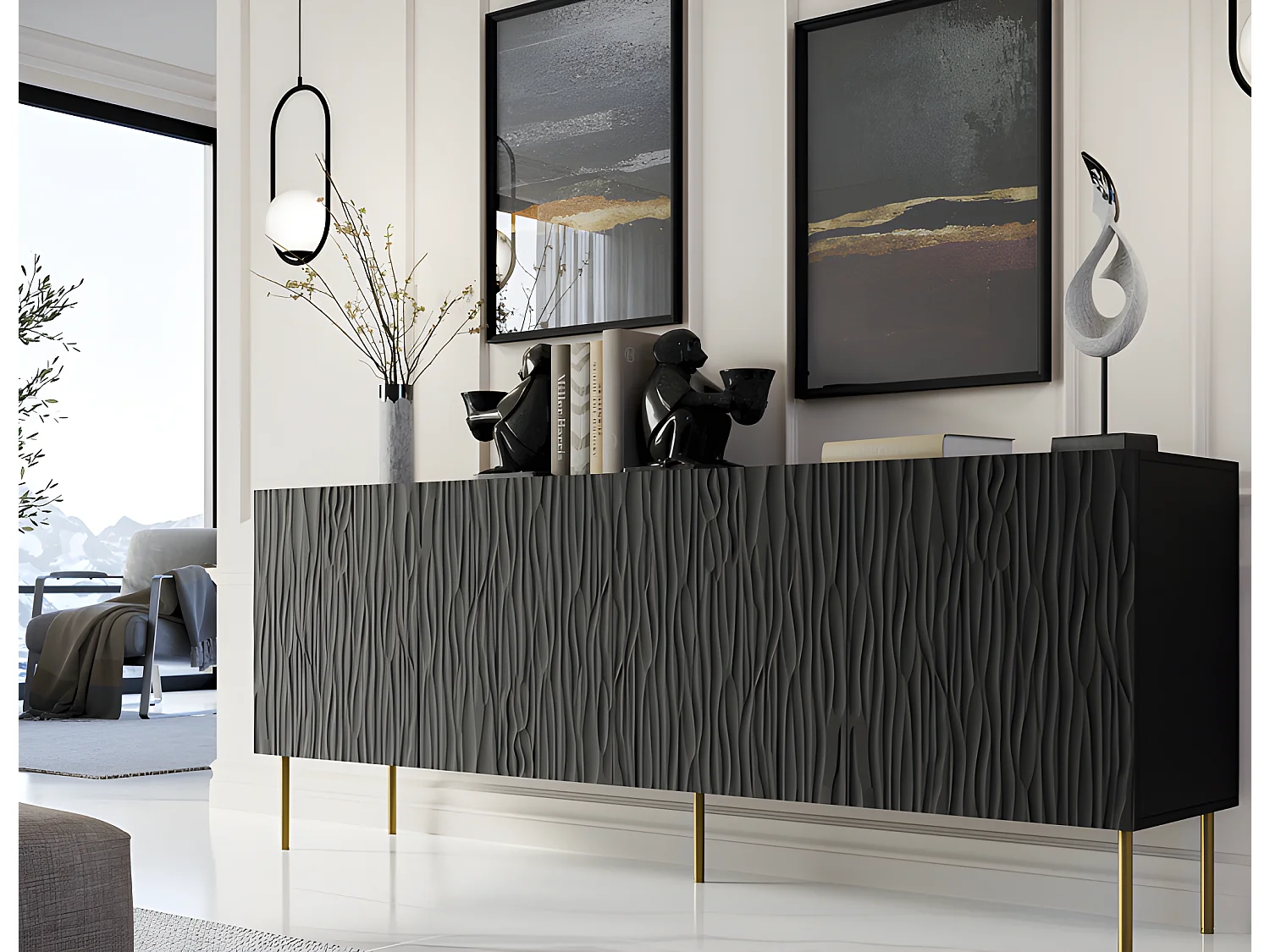 Commode de rangement Meuble universel 190x75x42cm sur pied Noir mat YOUNGE