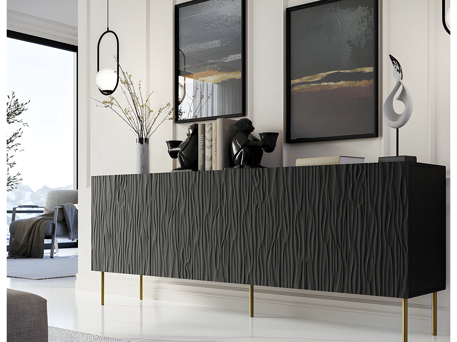 Commode de rangement Meuble universel 190x75x42cm sur pied Noir mat YOUNGE