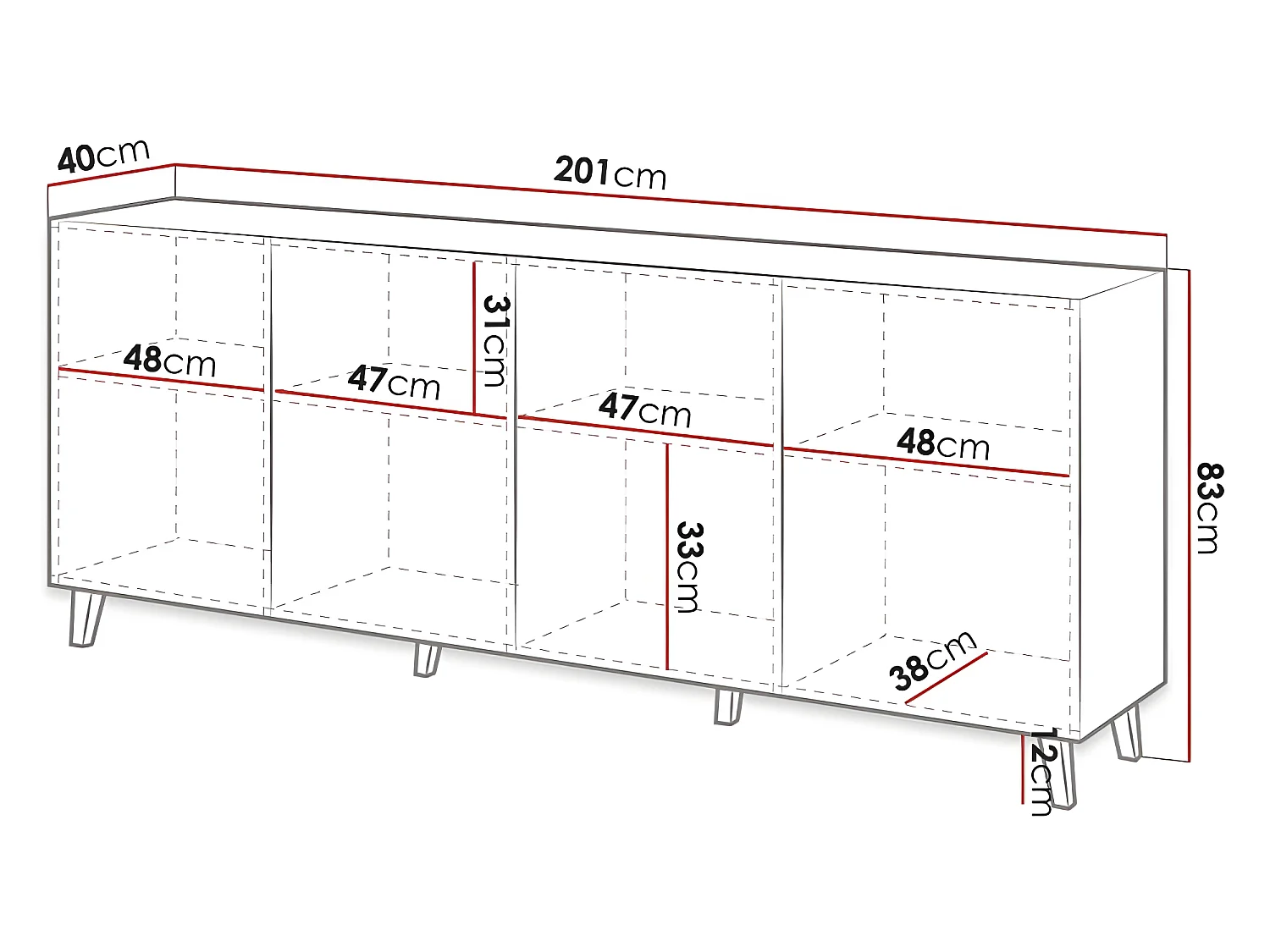 Commode de rangement Meuble universel NOIR 200x83x40cm PALACE élegant sur pieds