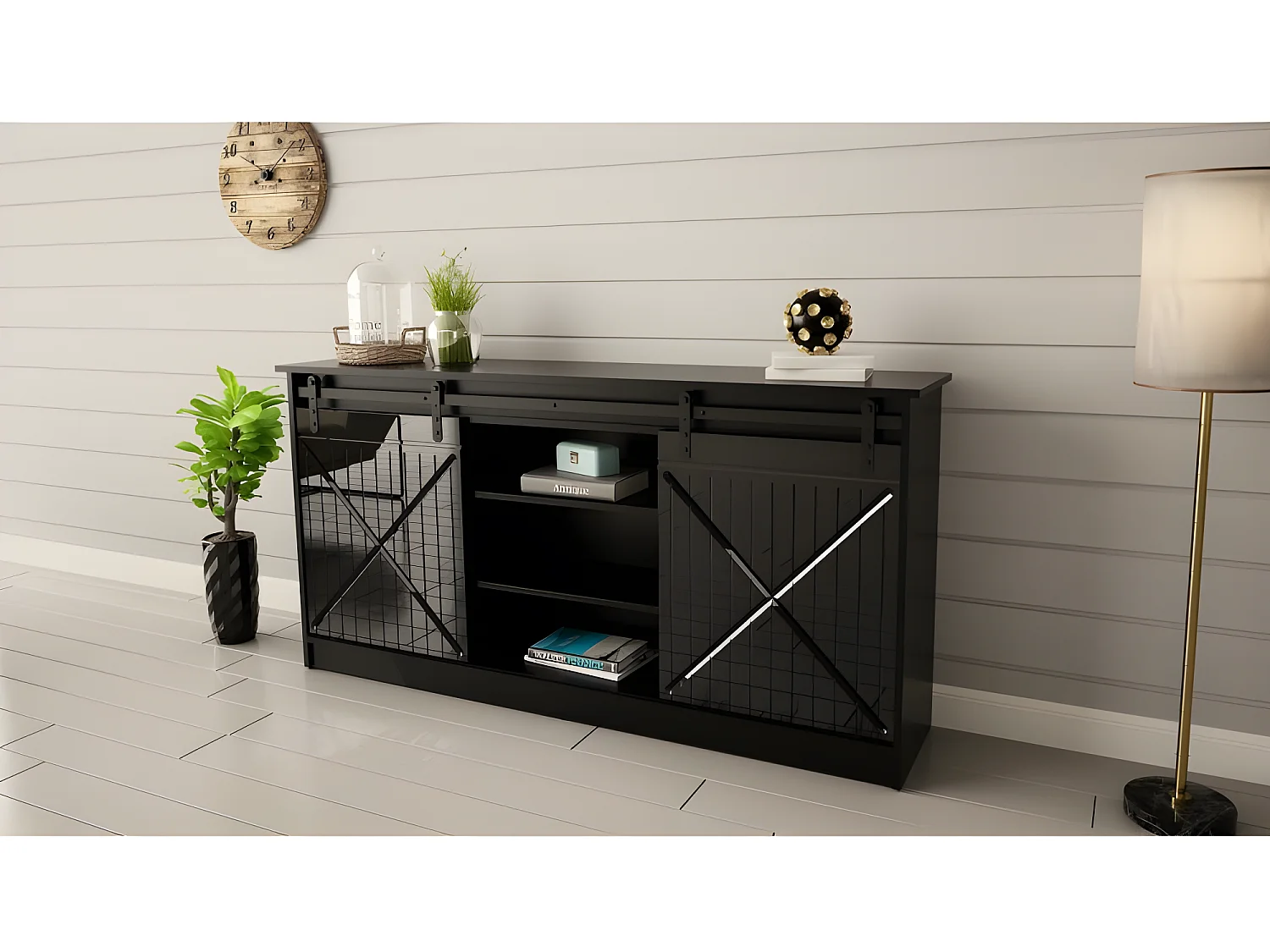 Commode de rangement Meuble universel Noir 160x81x35cm GRANGE porte coulissante