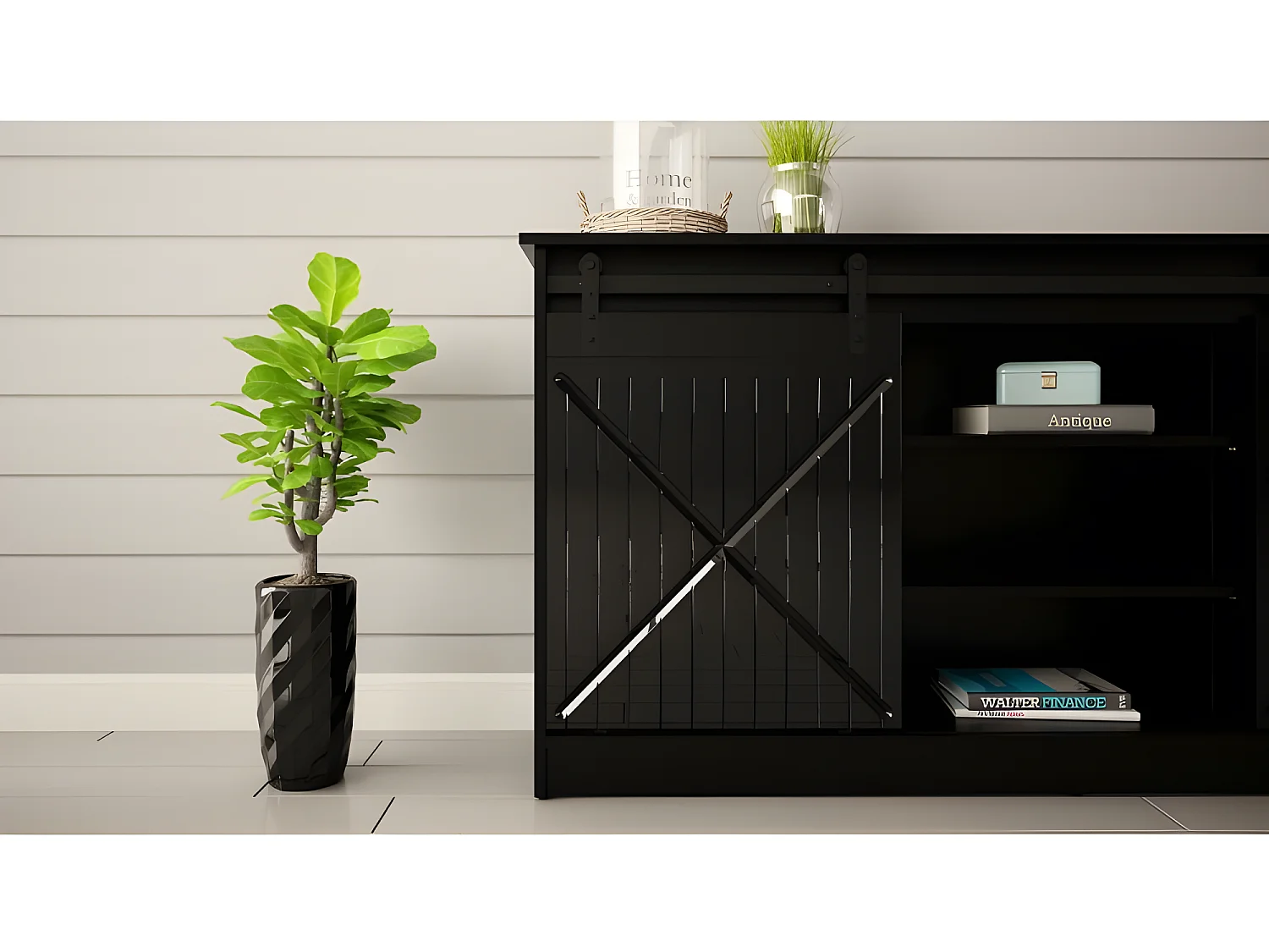 Commode de rangement Meuble universel Noir 160x81x35cm GRANGE porte coulissante
