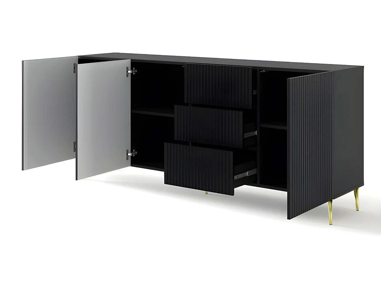 Commode de rangement Meuble universel Noir Mat 200x42x87 RAVI B FILET 2D3S Pied or