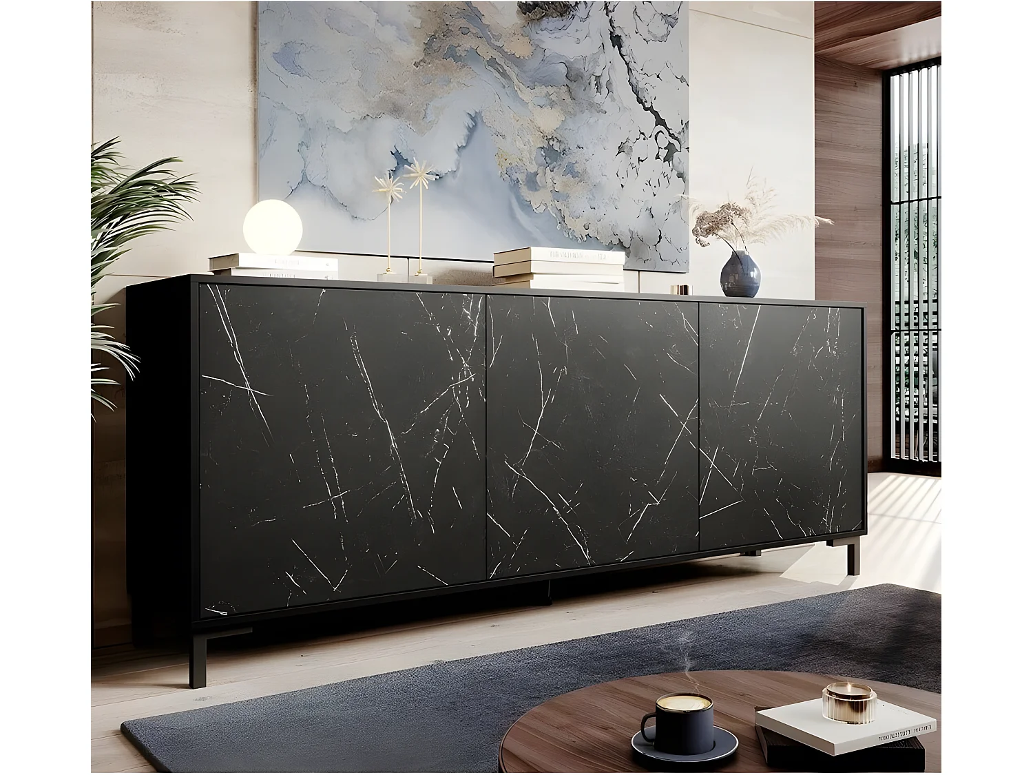 Commode de rangement Meuble universel Noir 200x81x45cm PALACE sur pieds