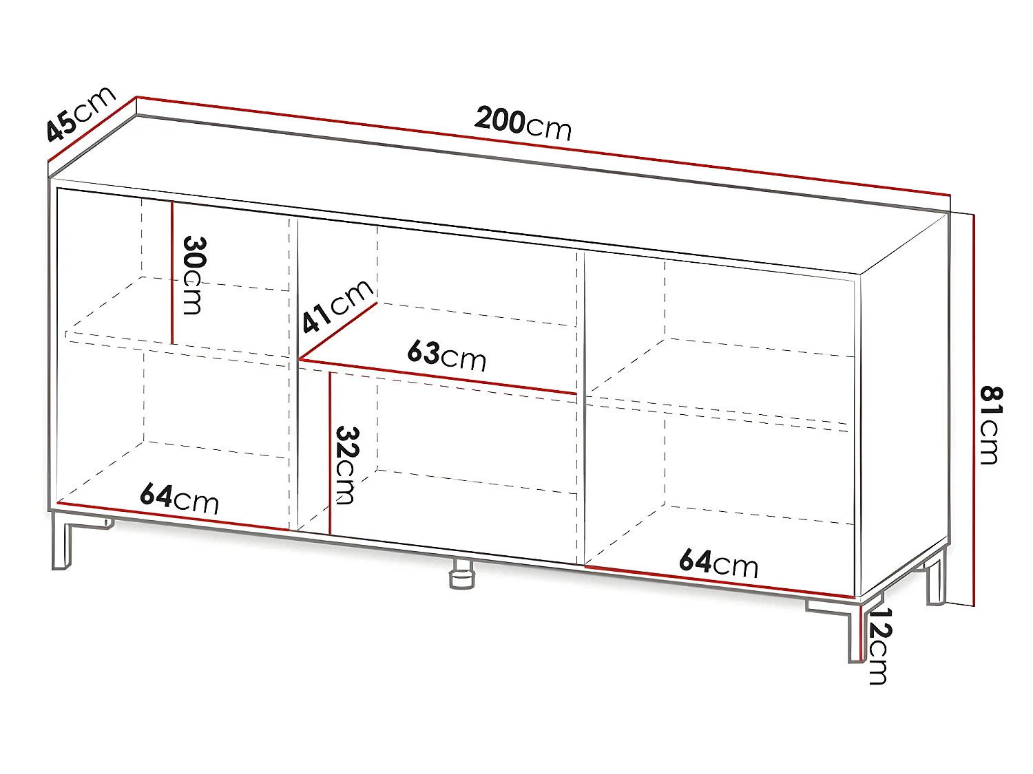 Commode de rangement Meuble universel Noir 200x81x45cm PALACE sur pieds