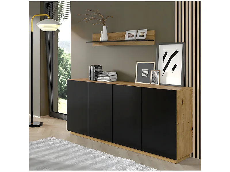 Commode de rangement Meuble Noir/Chêne artisanale 164x41x89cm AURA 4 portes