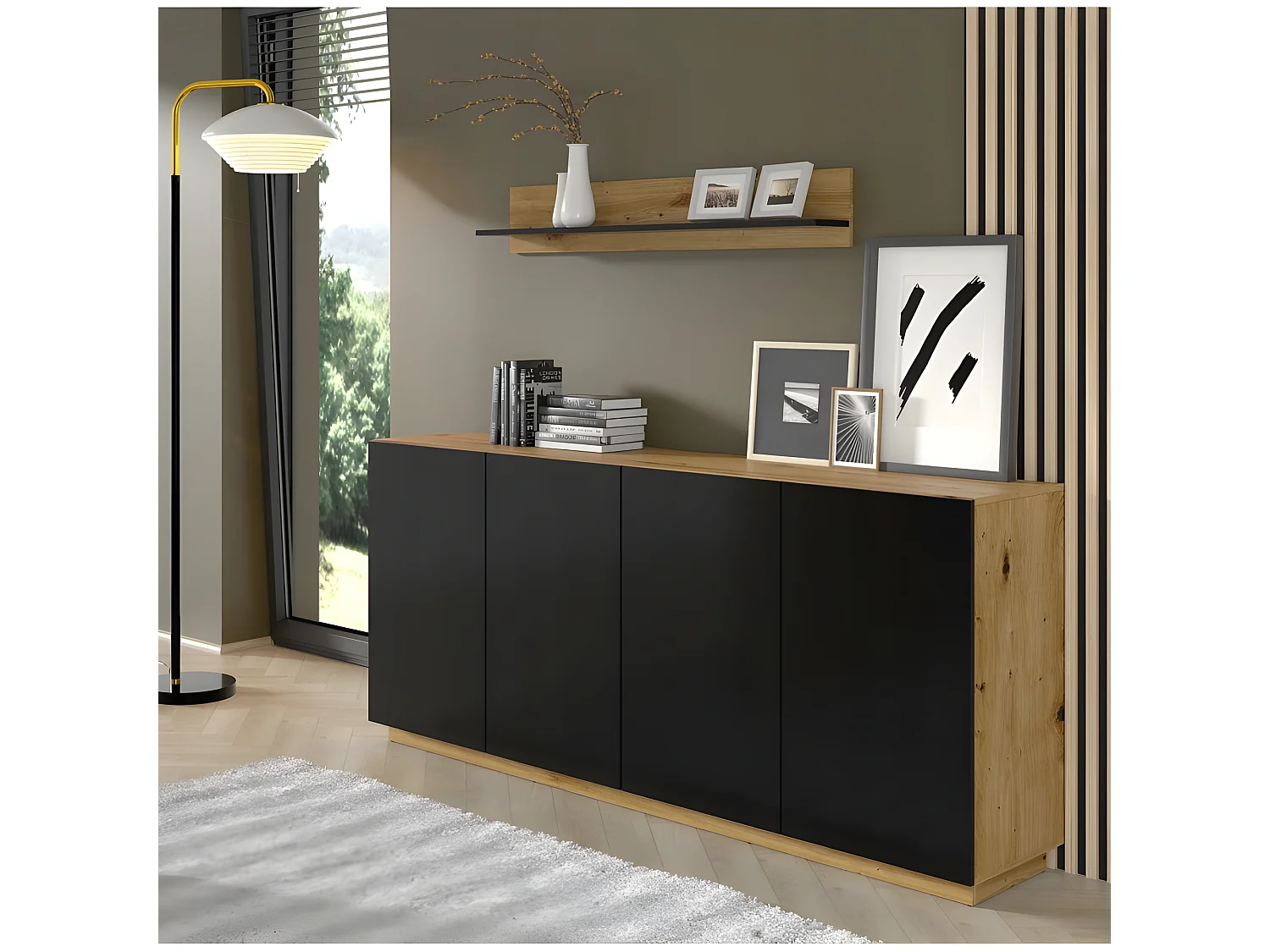 Commode de rangement Meuble Noir/Chêne artisanale 164x41x89cm AURA 4 portes