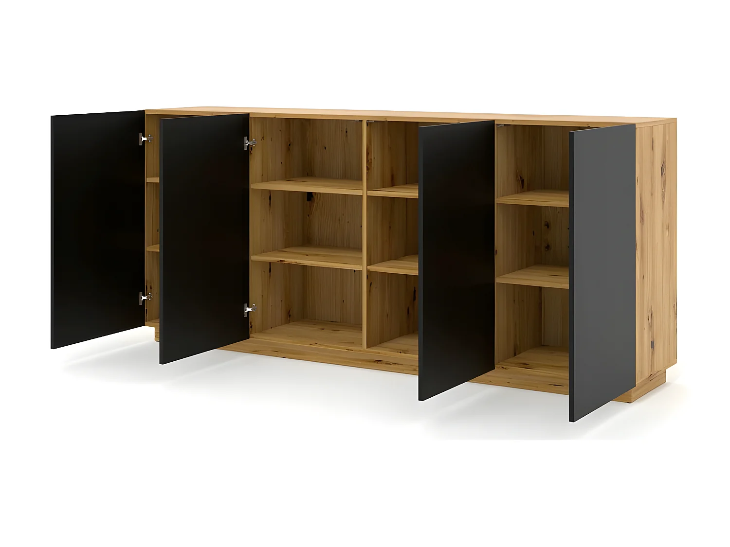 Commode de rangement Meuble Noir/Chêne artisanale 164x41x89cm AURA 4 portes