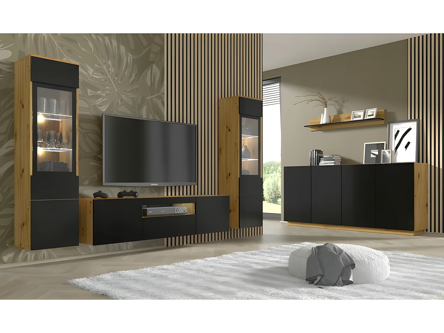 Commode de rangement Meuble Noir/Chêne artisanale 164x41x89cm AURA 4 portes