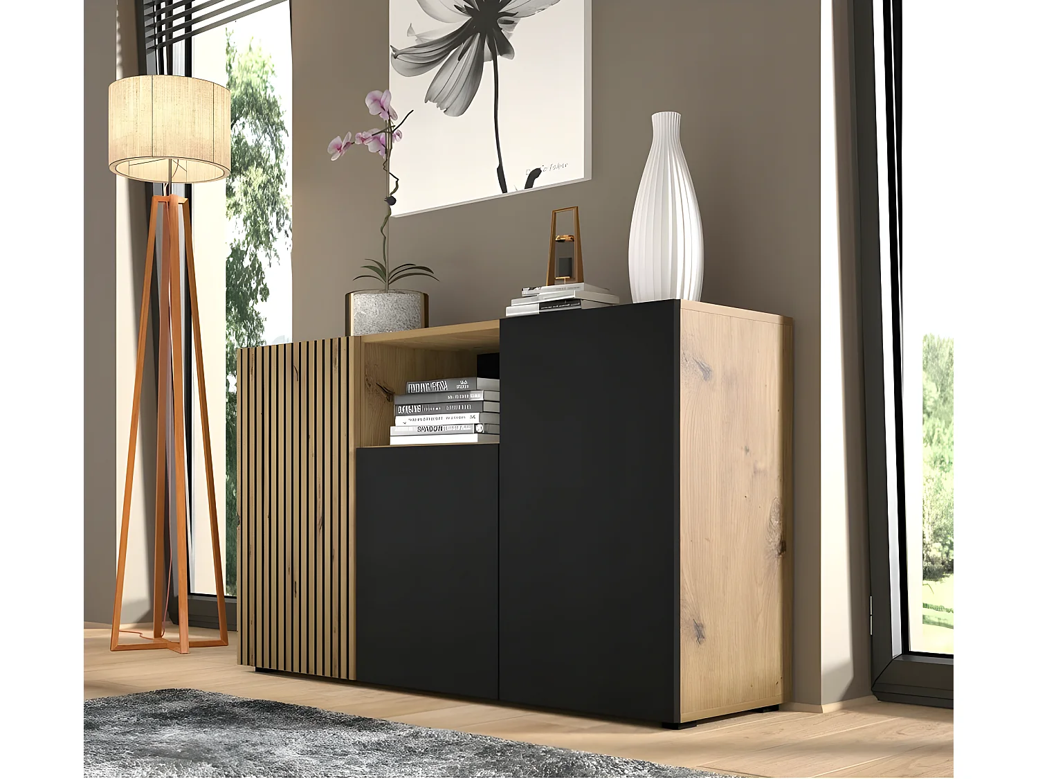 Commode de rangement Meuble Noir/Chêne artisanale 135x42x82cm AURIS 3D C Sideboard