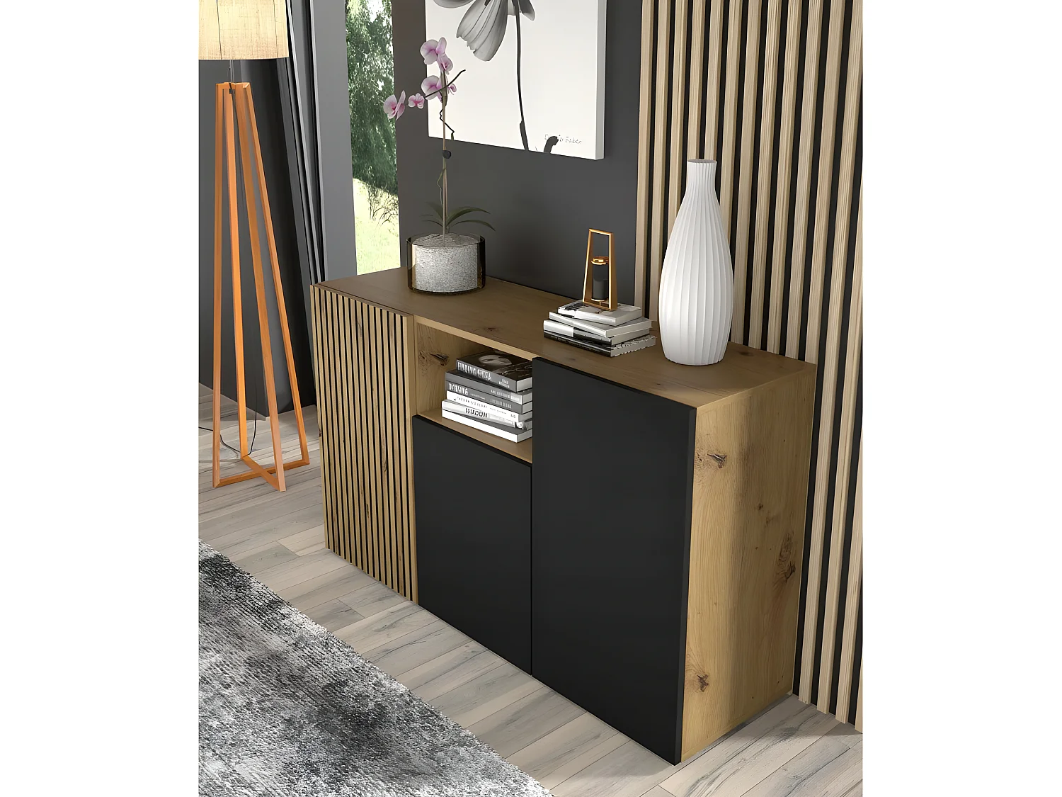 Commode de rangement Meuble Noir/Chêne artisanale 135x42x82cm AURIS 3D C Sideboard