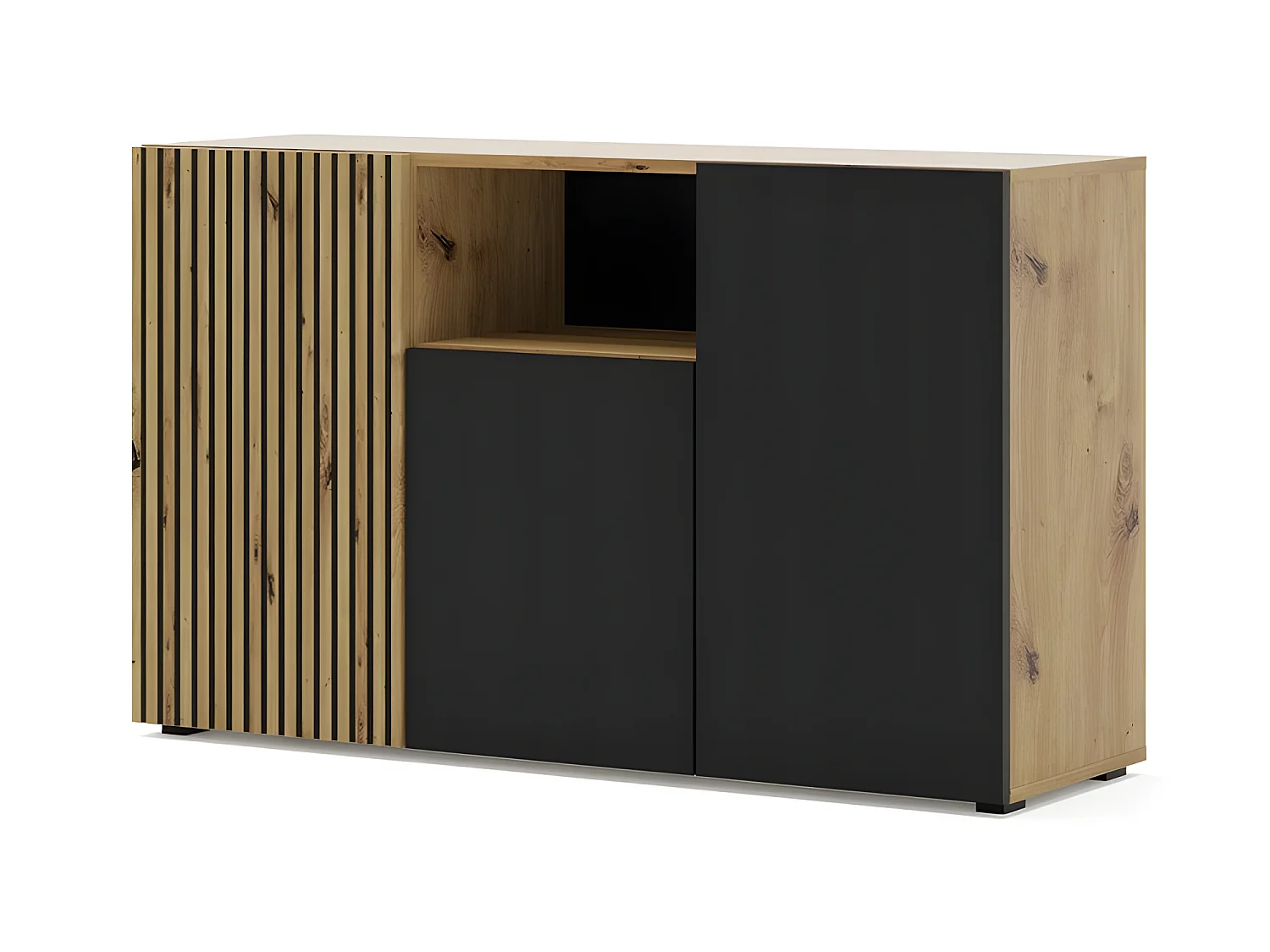 Commode de rangement Meuble Noir/Chêne artisanale 135x42x82cm AURIS 3D C Sideboard