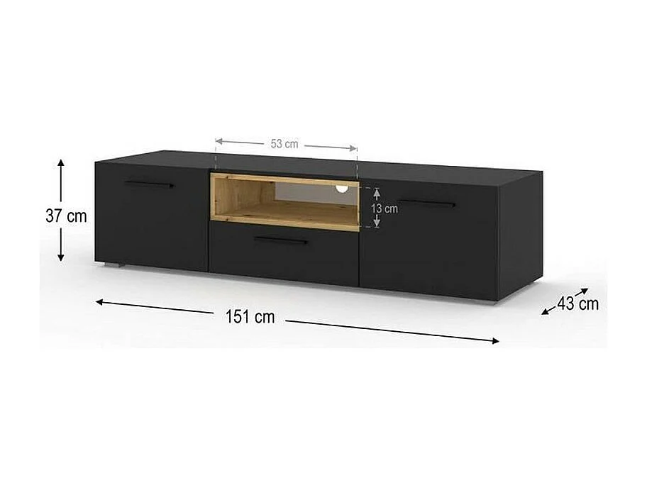 Commode Artisan Anette Meuble TV bas 151 cm Noir mat + chêne artisan