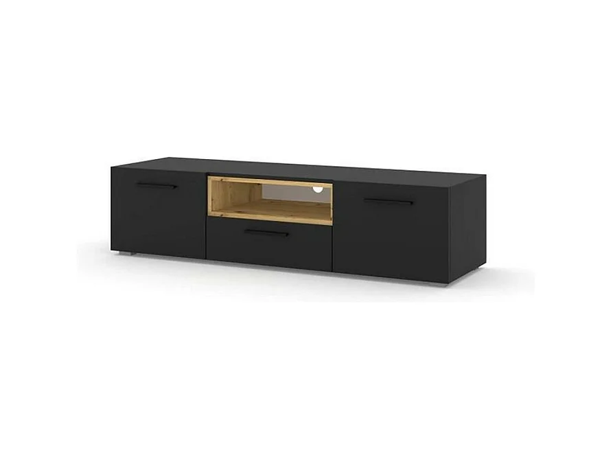 Commode Artisan Anette Meuble TV bas 151 cm Noir mat + chêne artisan
