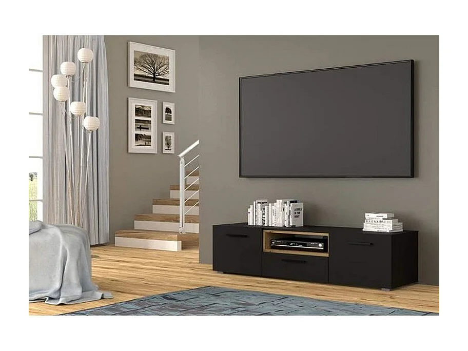 Commode Artisan Anette Meuble TV bas 151 cm Noir mat + chêne artisan