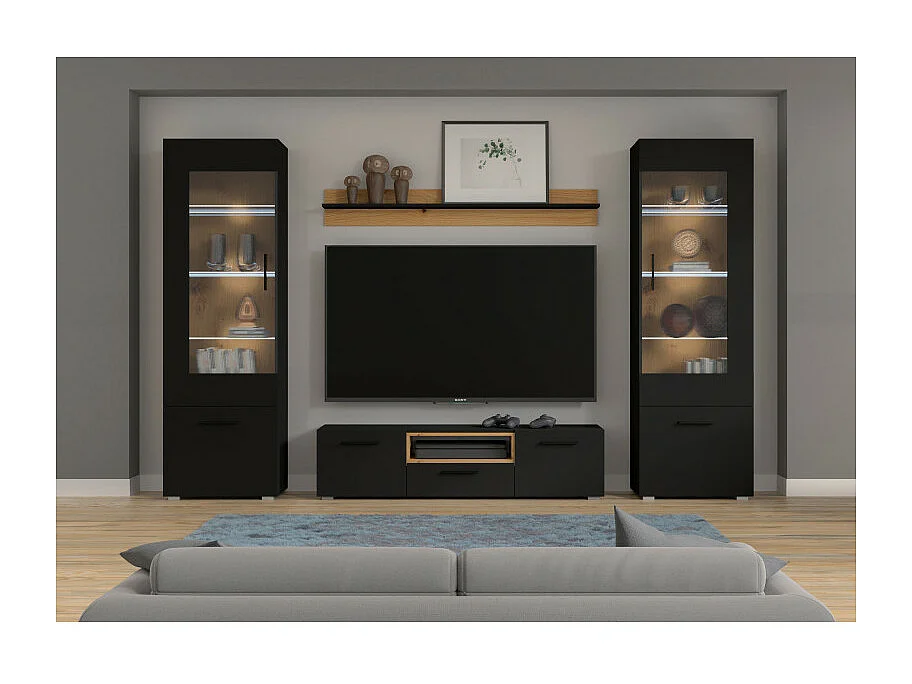 Commode Artisan Anette Meuble TV bas 151 cm Noir mat + chêne artisan