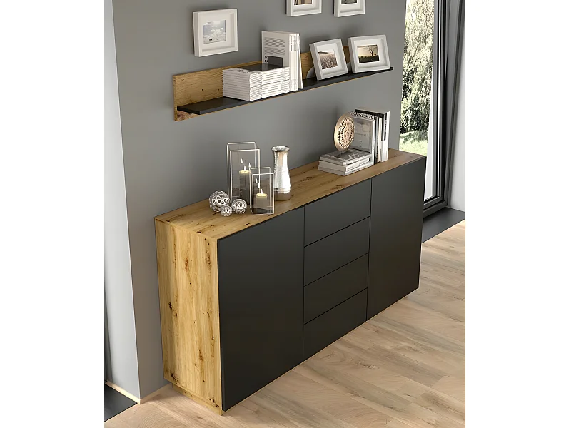 Commode de rangement Meuble Noir/Chêne artisanale 164x41x89cm AURA 2D4S