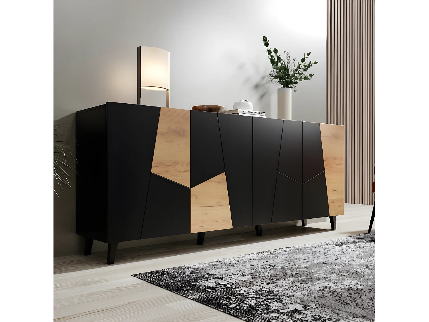 Commode de rangement Meuble universel 200x82x42 cm noir mat/noir + chêne artisanal VISO sur pieds