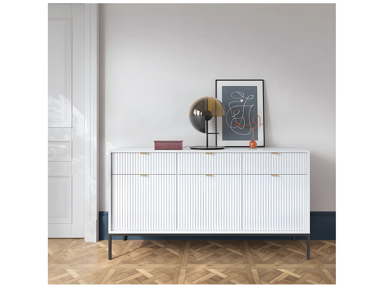 Commode universel blanc 154x83x39cm pied métal avec 2 tiroirs modèle "NOEMIE KSZ154"