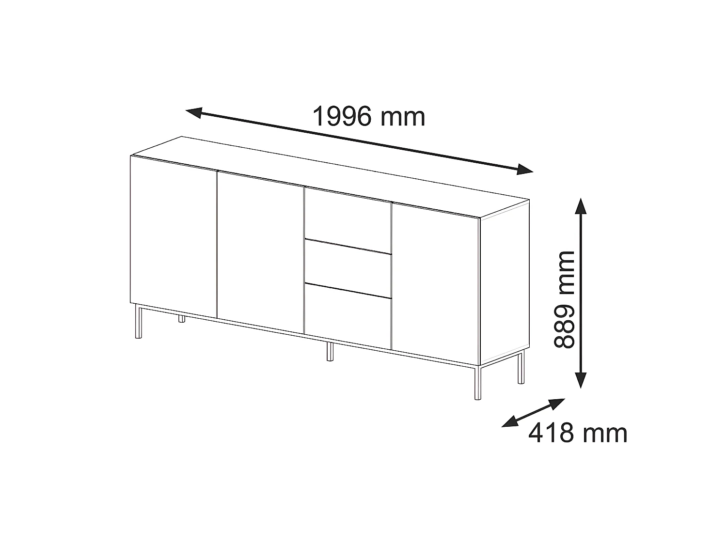 Commode de rangement Meuble universel Blanc Mat 200x42x89 RAVI B FILET 2D3S Pied Cadré or
