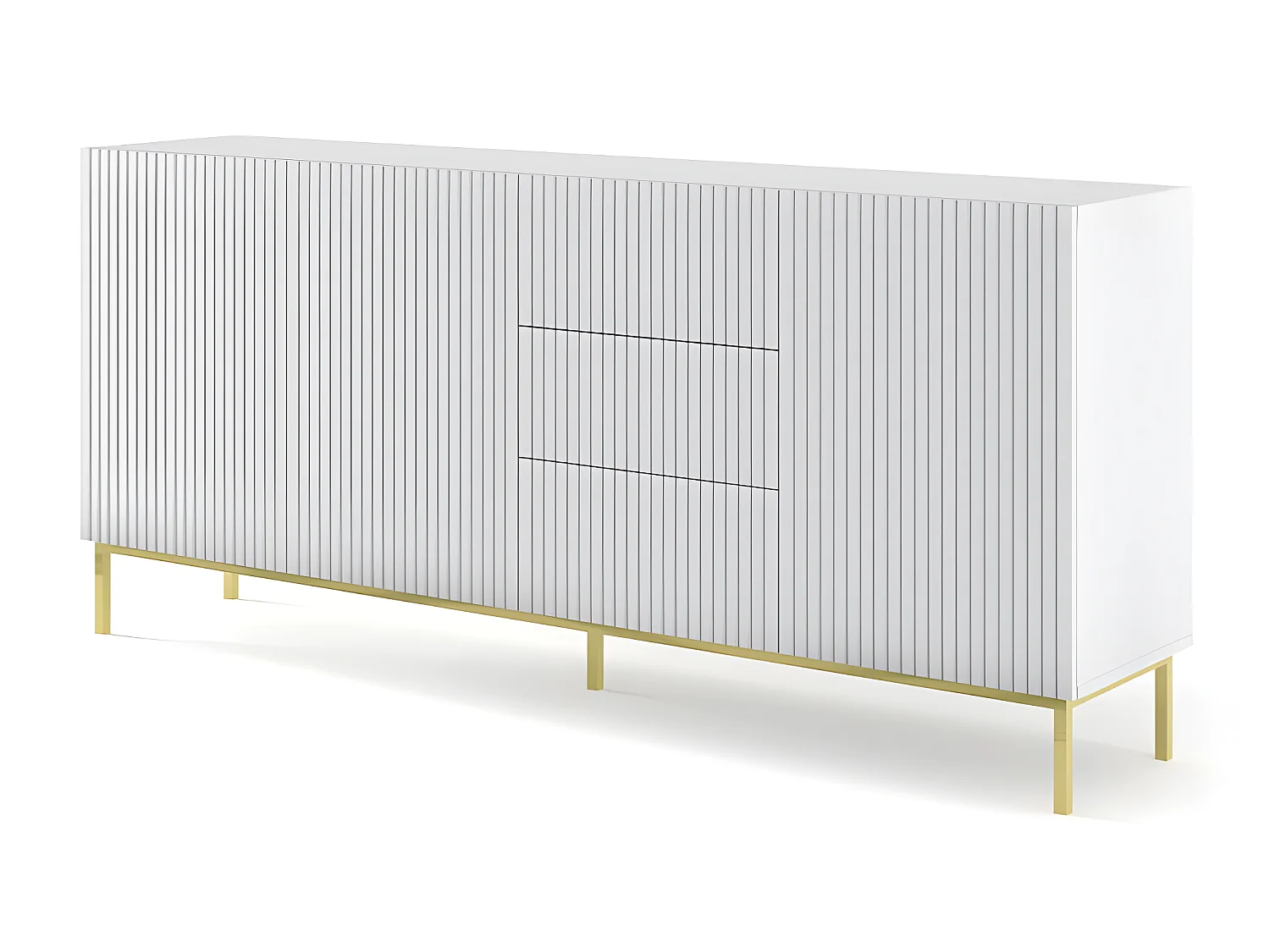 Commode de rangement Meuble universel Blanc Mat 200x42x89 RAVI B FILET 2D3S Pied Cadré or