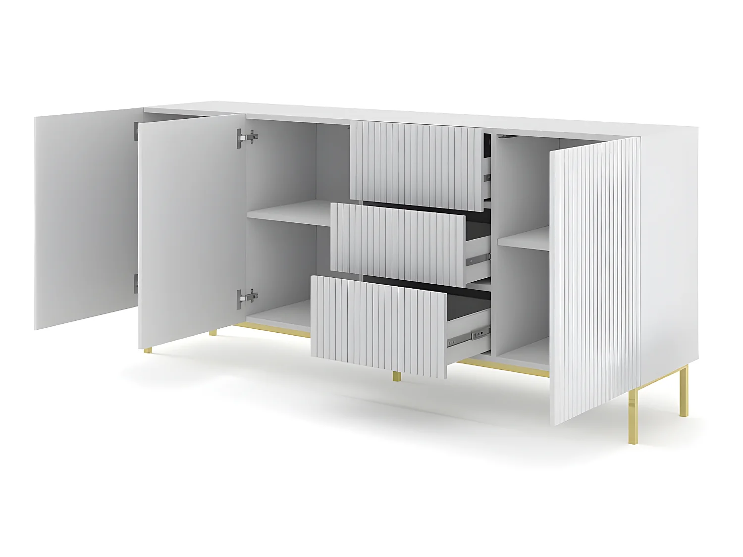 Commode de rangement Meuble universel Blanc Mat 200x42x89 RAVI B FILET 2D3S Pied Cadré or