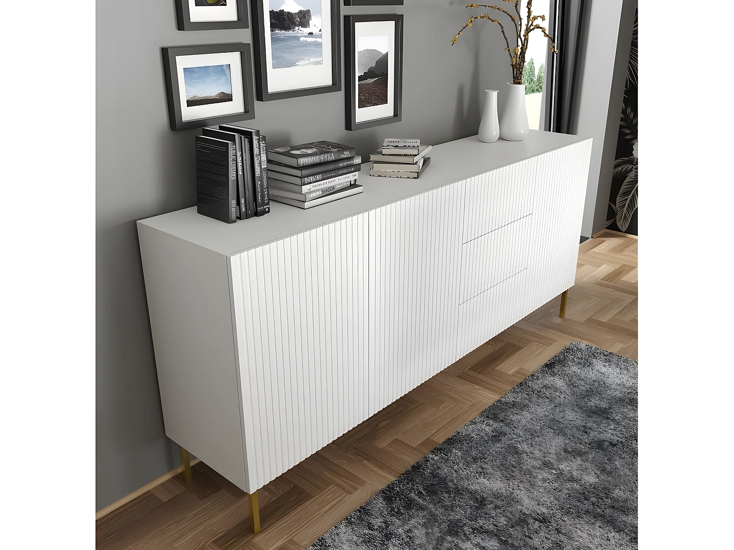 Commode de rangement Meuble universel Blanc Mat 200x42x89 RAVI B FILET 2D3S Pied Cadré or