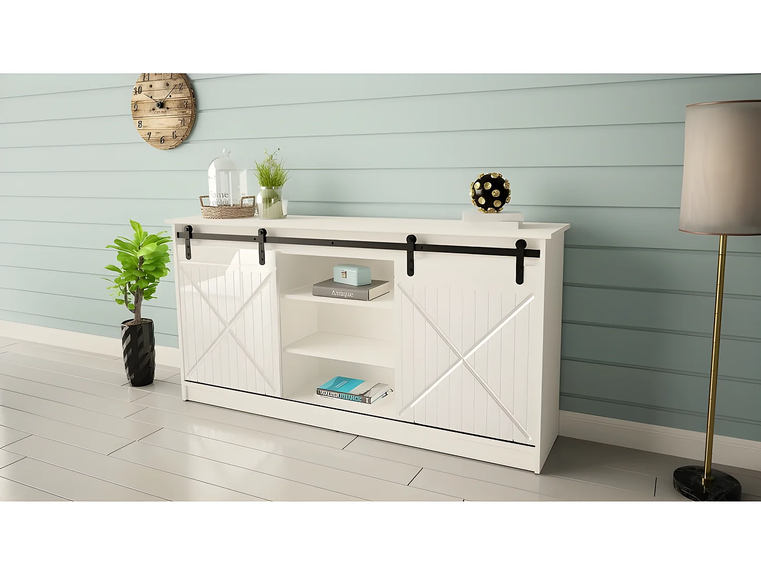 Commode de rangement Meuble universel Blanc 160x81x35cm GRANGE porte coulissante