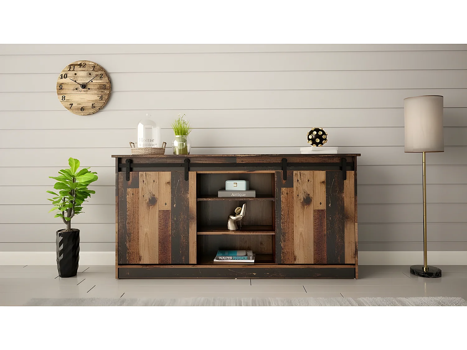 Commode de rangement Meuble universel couleur vieux bois 160x81x35cm GRANGE porte coulissante