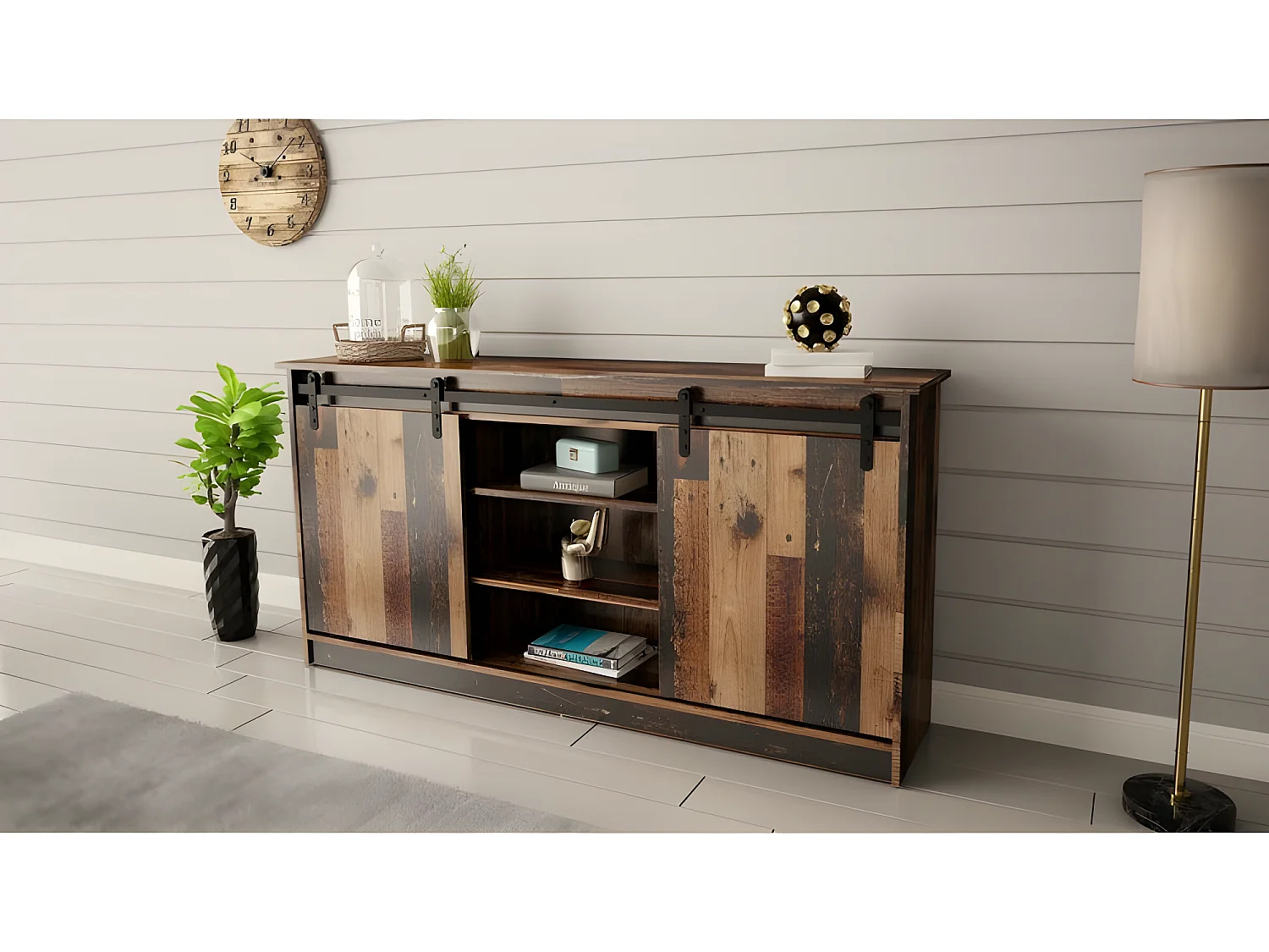 Commode de rangement Meuble universel couleur vieux bois 160x81x35cm GRANGE porte coulissante