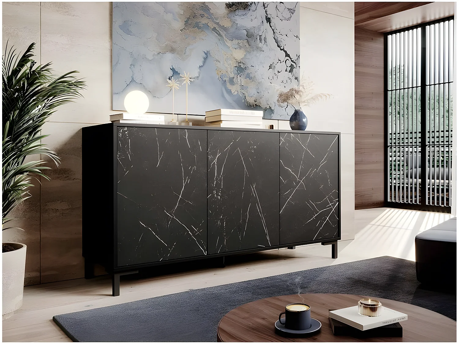 Commode de rangement Meuble universel Noir 150x81x45cm PALACE sur pieds