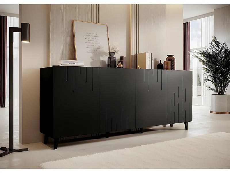 Commode de rangement Meuble universel Noir mat 200x82x42cm MODA sur pieds avec 4 portes