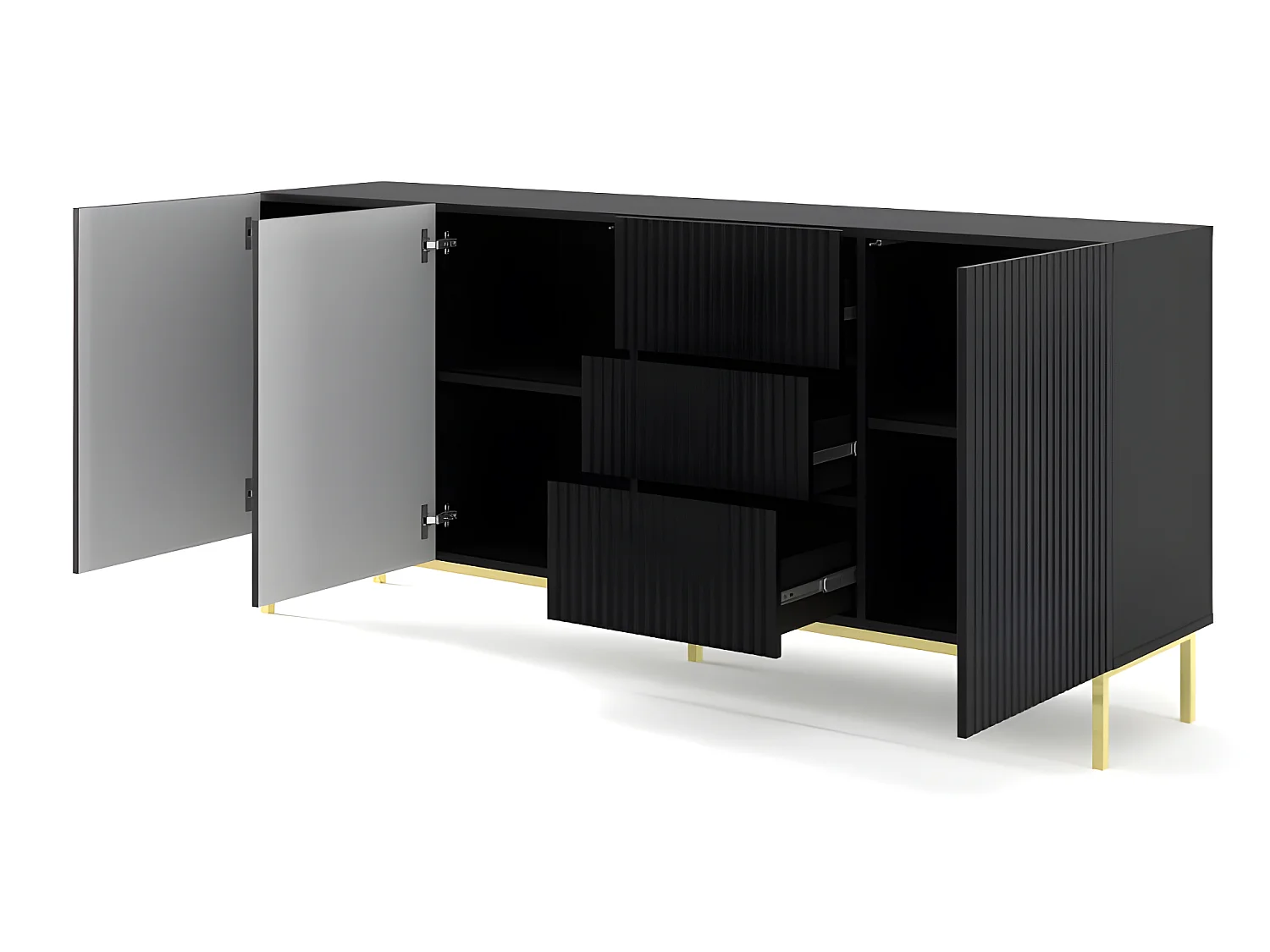 Commode de rangement Meuble universel Noir Mat 200x42x89 RAVI B FILET 2D3S Pied Cadré or