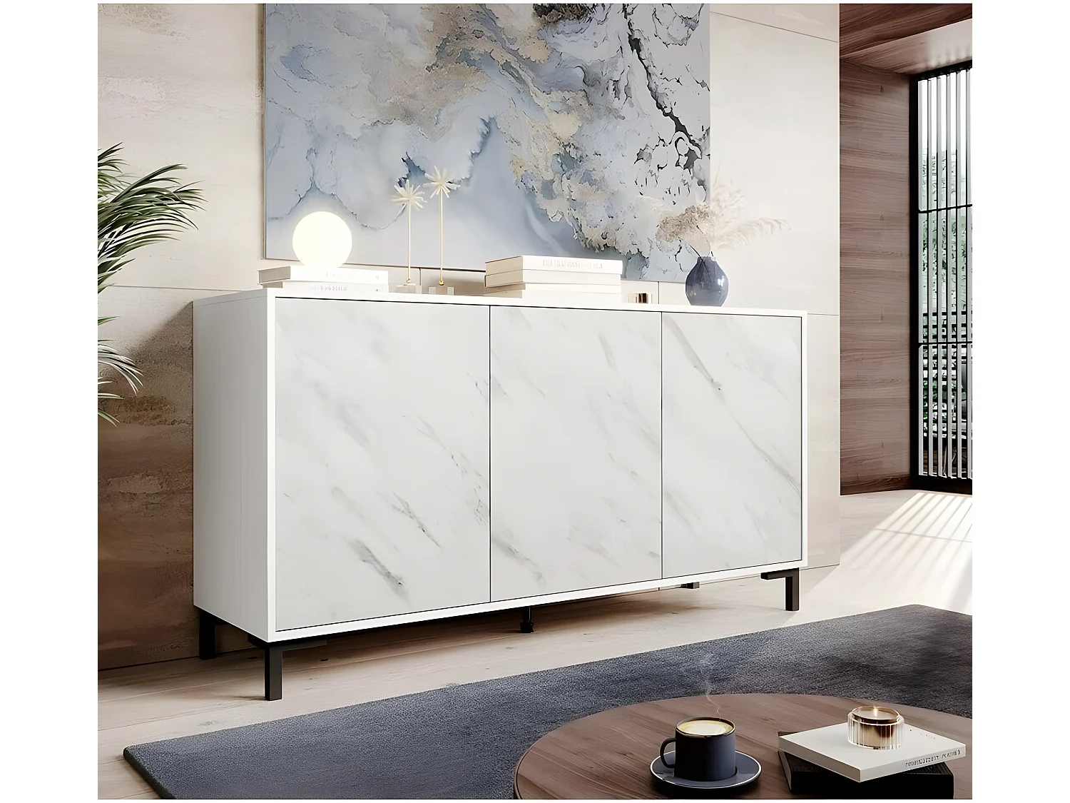 Commode de rangement Meuble universel Blanc 150x81x45cm PALACE sur pieds