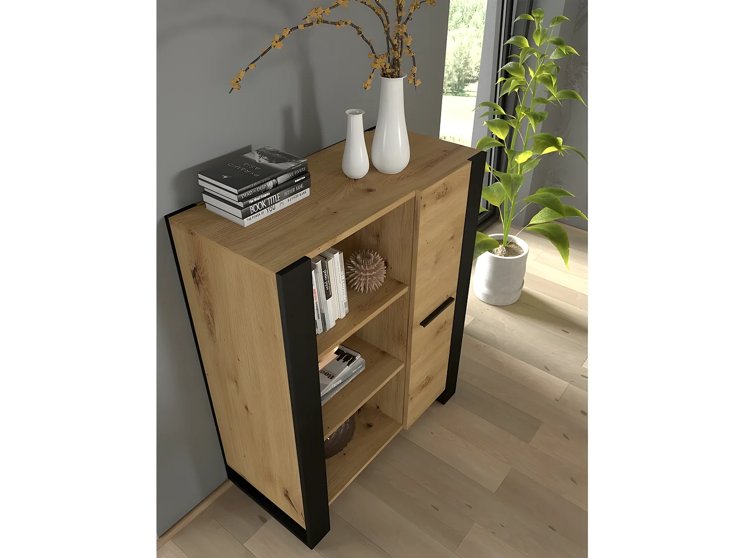 Commode de rangement Meuble Nuka J 110x90x45cm (HxlxP) buffet sideboard couleur chene