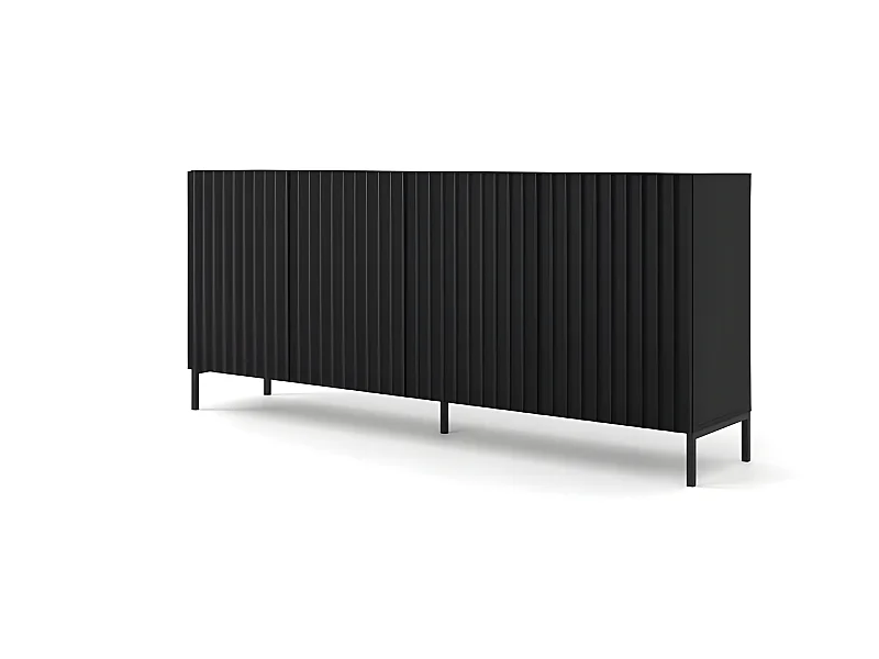 Commode de rangement Meuble universel noir mat 200x87x42cm VAGUE sur pieds avec 4 portes pieds noir