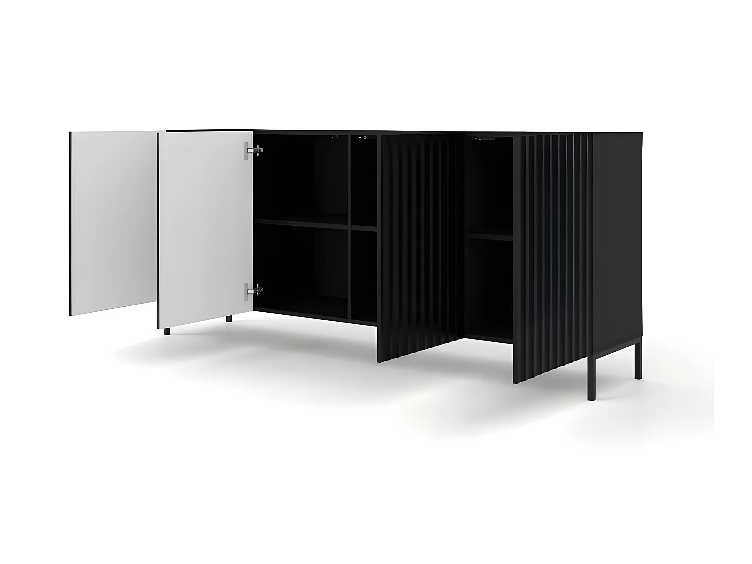 Commode de rangement Meuble universel noir mat 200x87x42cm VAGUE sur pieds avec 4 portes pieds noir