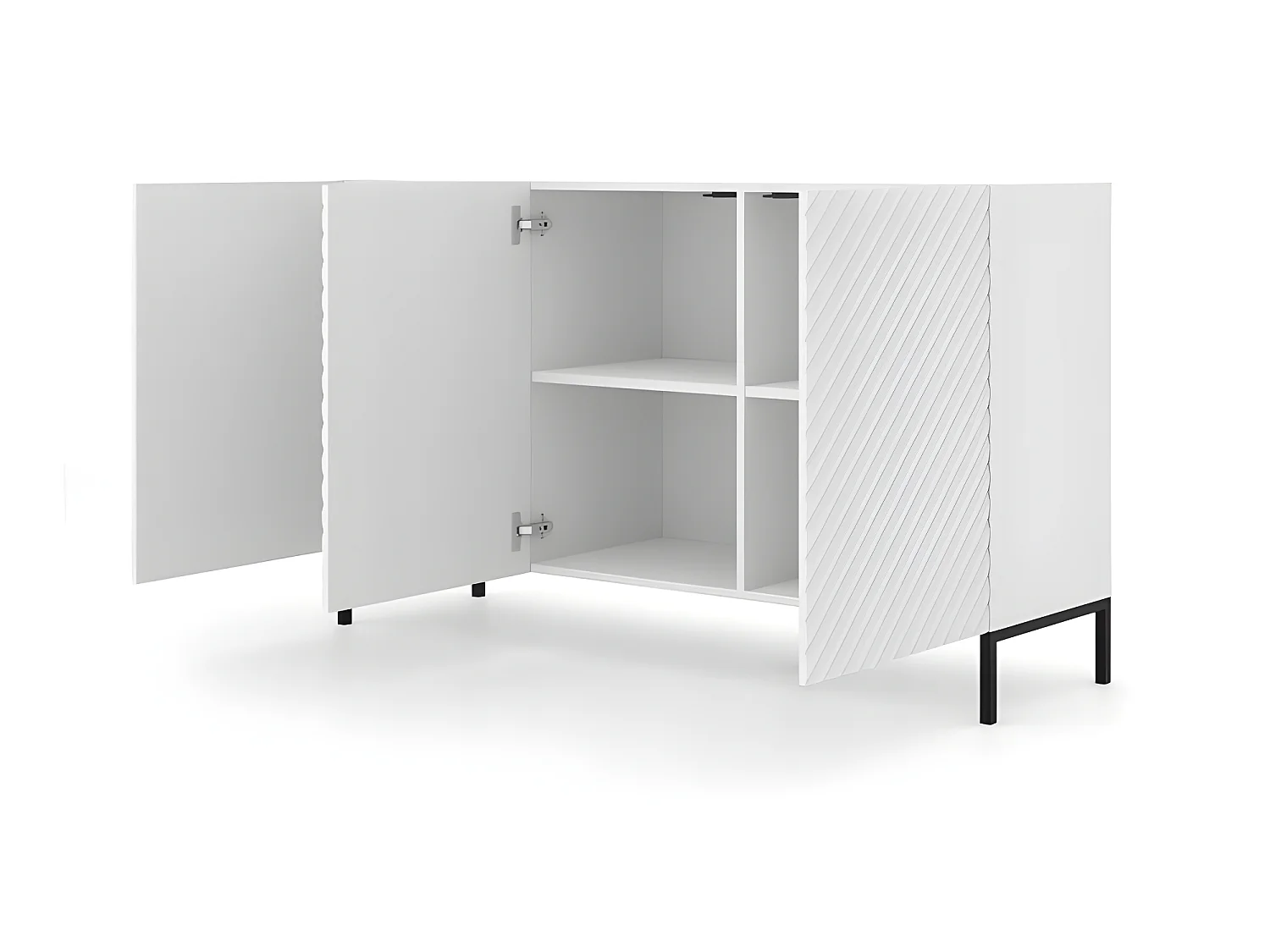 Commode de rangement Meuble universel blanc mat 150x87x42cm SURFA sur pieds avec 3 portes pieds noir