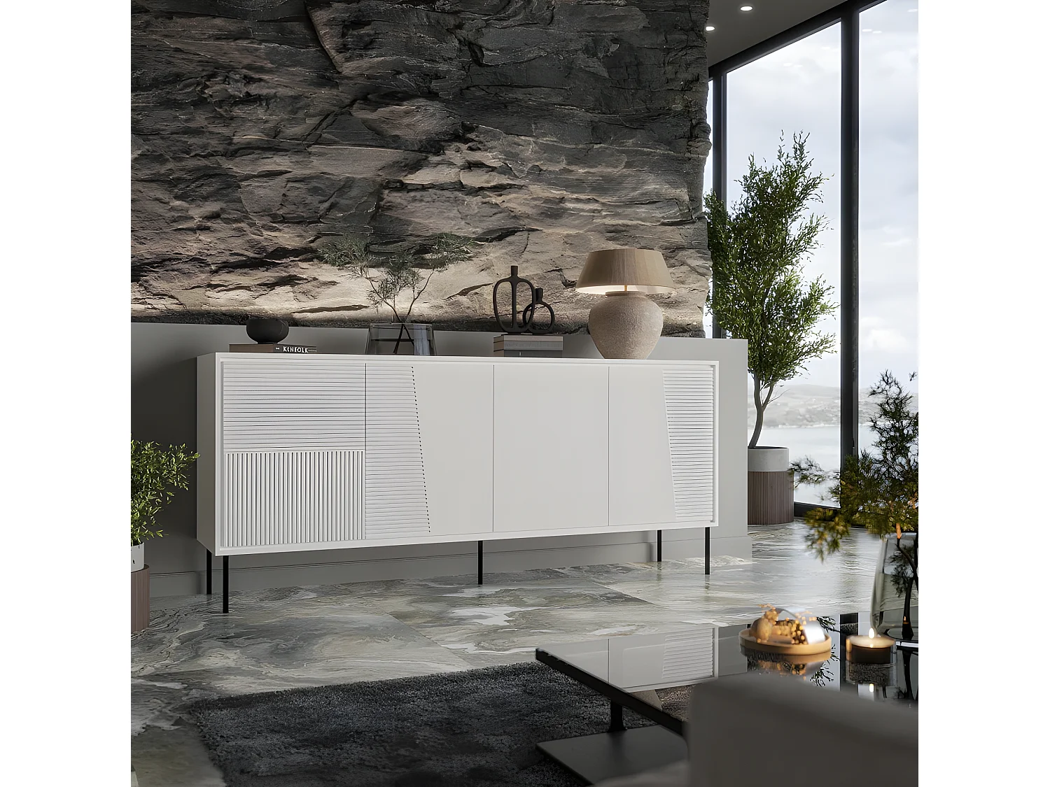 Commode de rangement Meuble universel blanc mat 200x88x45cm ADANA sur pieds avec 4 portes