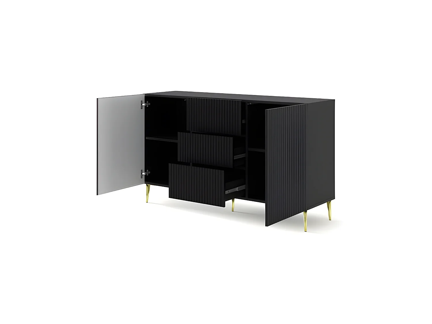 Commode de rangement Meuble universel Noir Mat 150x42x87 RAVI B FILET 2D3S Pied or