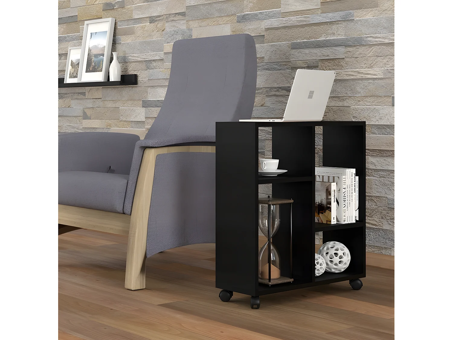 Table basse Organisateur 60x20x65cm(LxPxH)TRASCO 2 Noir sur roulettes design moderne