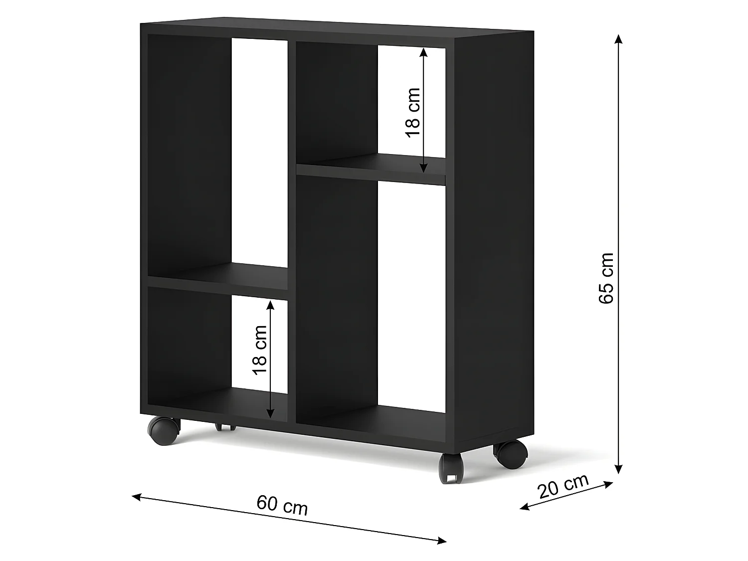 Table basse Organisateur 60x20x65cm(LxPxH)TRASCO 2 Noir sur roulettes design moderne