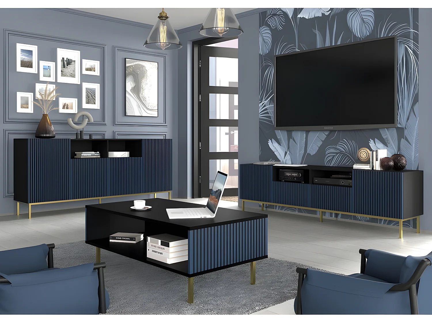 Table basse Noir/Bleu marine 90x60x45 RAVI F PEINT Pied Cadré or