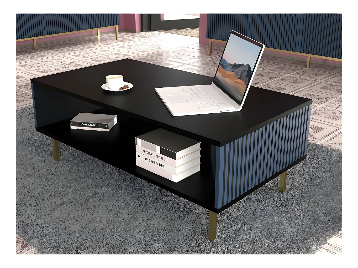 Table basse Noir/Bleu marine 90x60x45 RAVI F PEINT Pied Cadré or