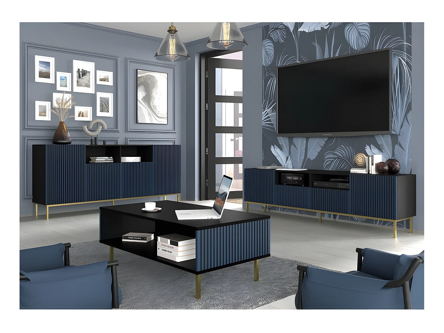 Table basse Noir/Bleu marine 90x60x45 RAVI F PEINT Pied Cadré or
