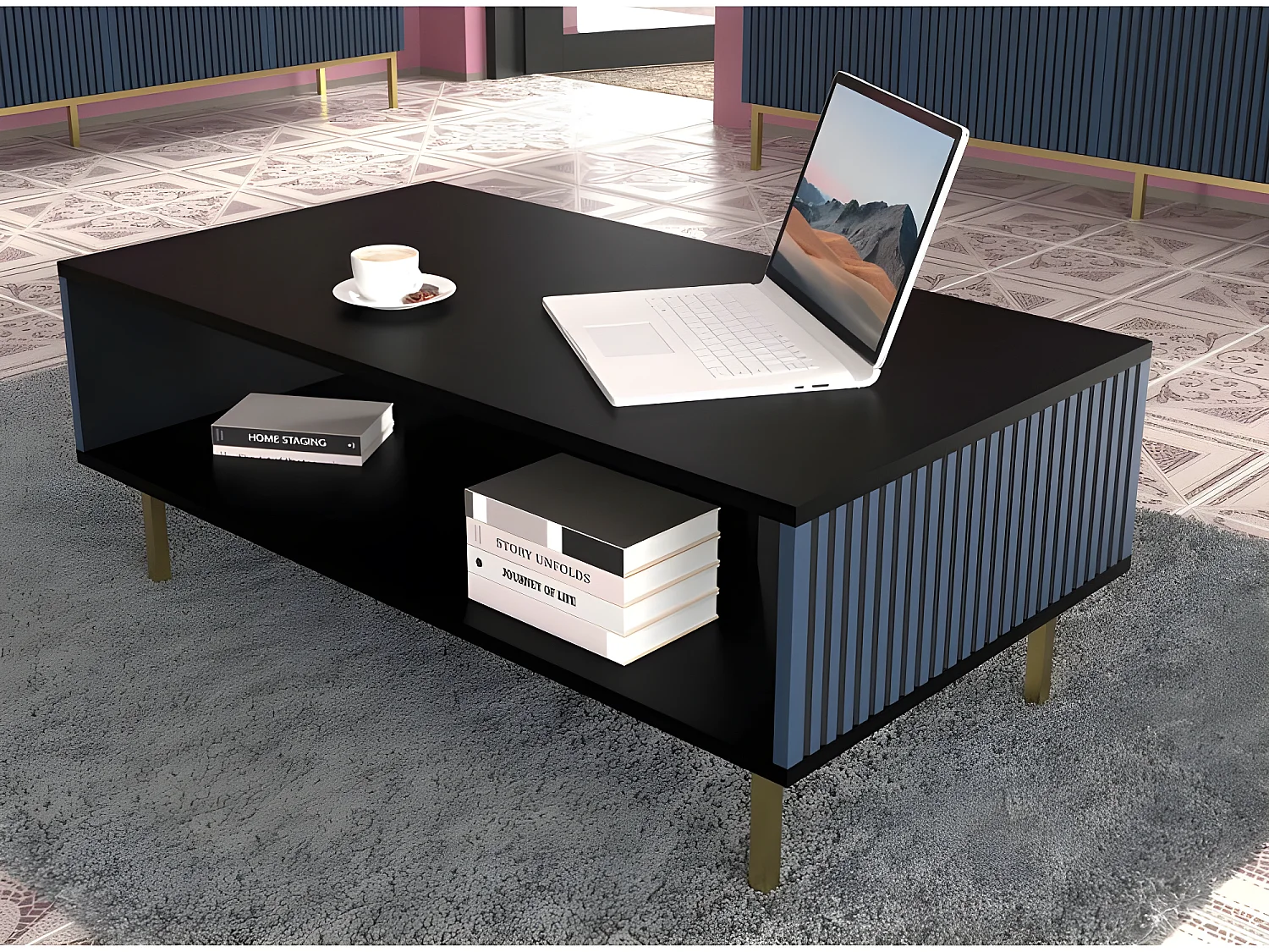 Table basse Noir/Bleu marine 90x60x45 RAVI F PEINT Pied Cadré or
