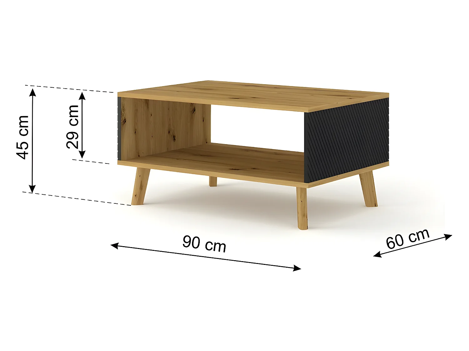 Table basse Chêne artisan/noir mat fraisé 90x60cm avec étagére de haute qualité modèle Luxi